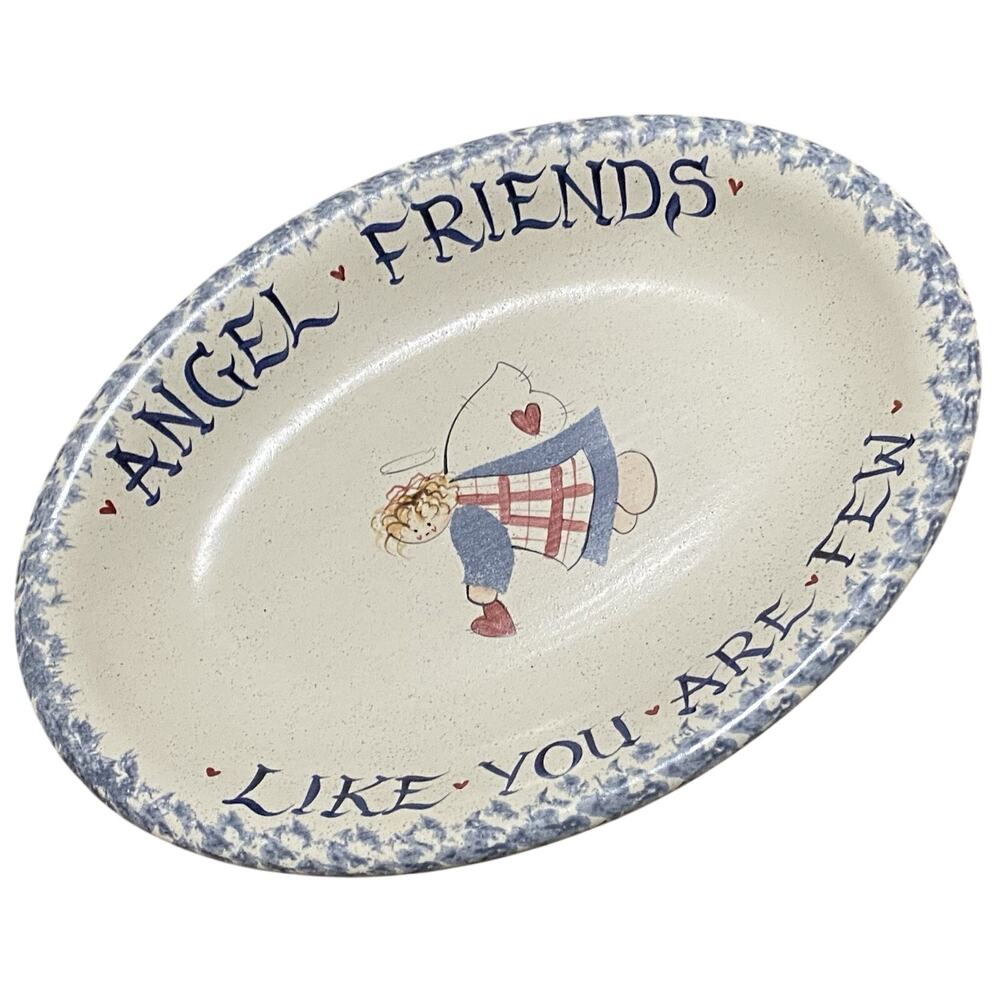 VTG Hand Painted Oval Dinner Plate 9”x12” Serving Platter Angel Art 1997 A2